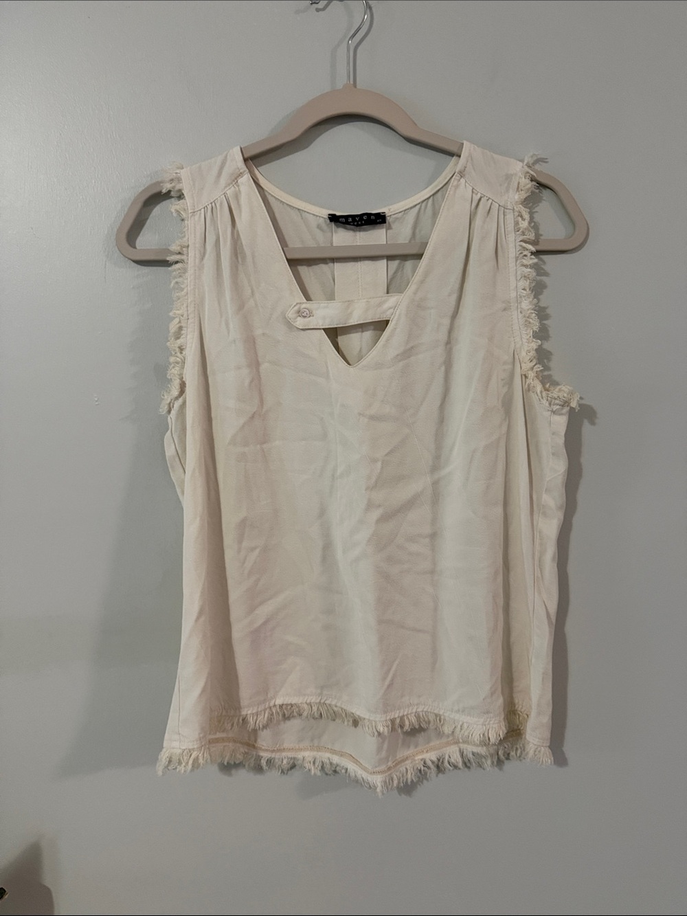 Maven West Cream Frayed-Trim V-Neck Sleeveless Camisole